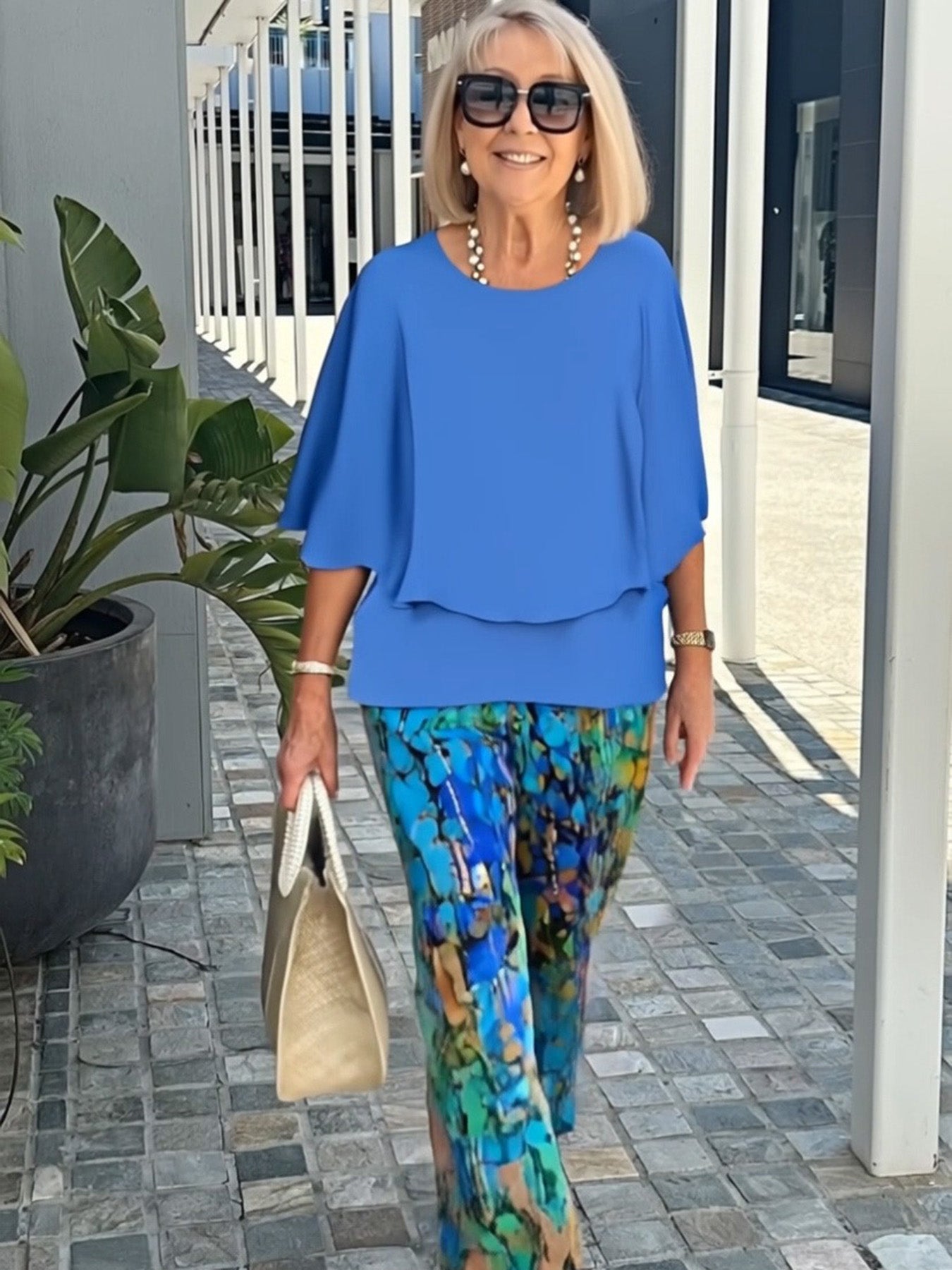 Casual Crew Neck Medium Sleeve Top Printed Floral Pants Set Two-piece Set