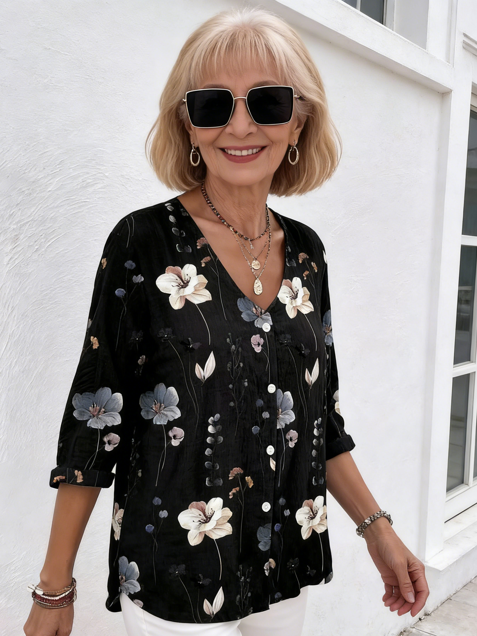 V-neck Buttons Printed Long Sleeve Tunic Tops