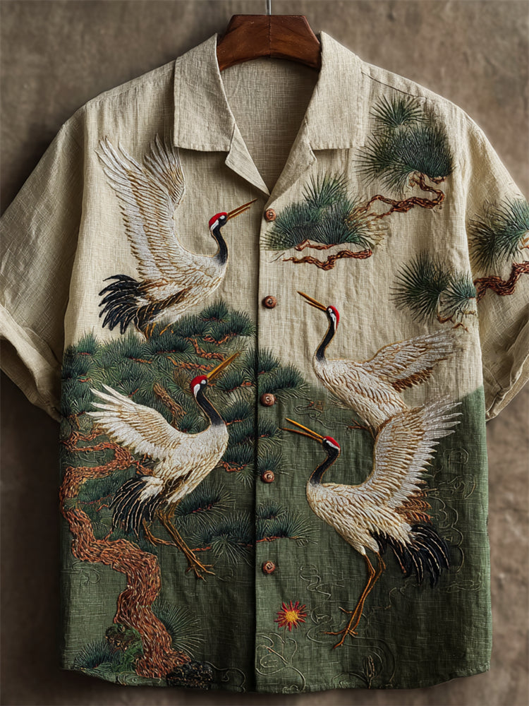 Japanese Cranes & Pine Trees Embroidered Contrast Linen Shirt