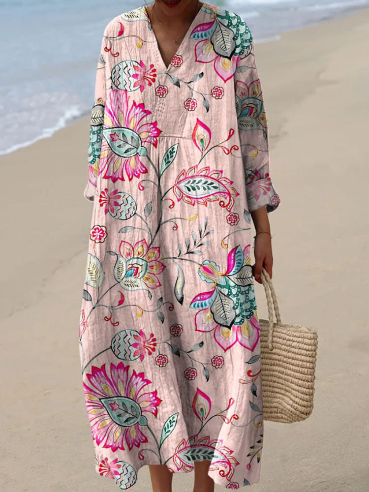 Vintage Tribal Art Cotton Linen Casual Maxi Dress