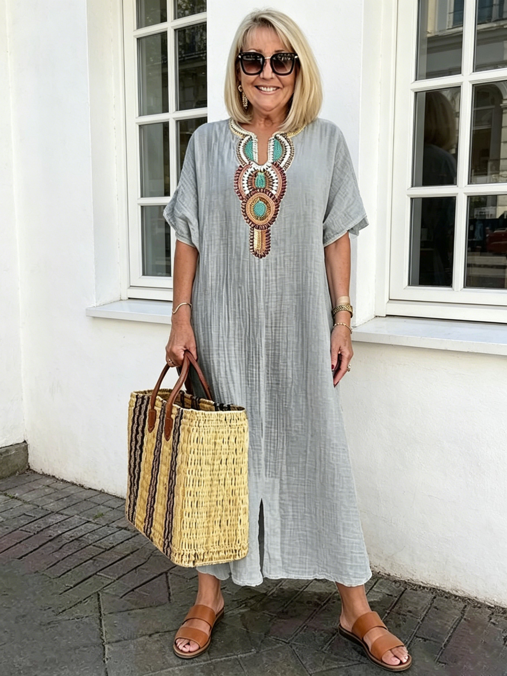 Cotton and Linen Embroidered Split Dress