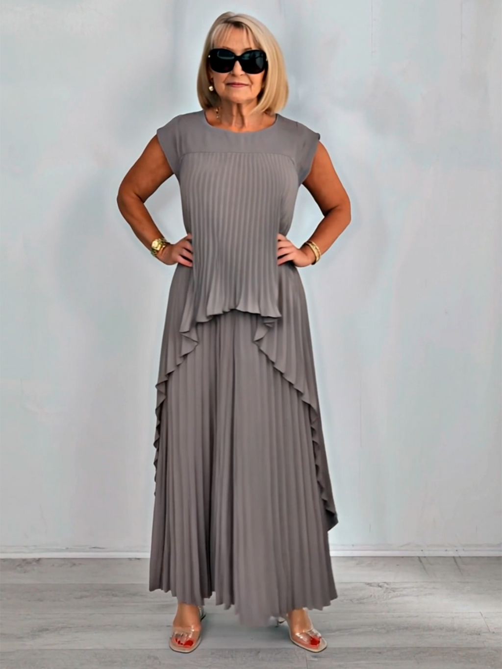 2Pcs Crew Neck Solid Color Sleeve Top Pleated Straight Pants Set Two-piece Set