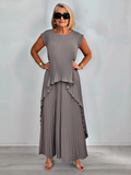 2Pcs Crew Neck Solid Color Sleeve Top Pleated Straight Pants Set Two-piece Set