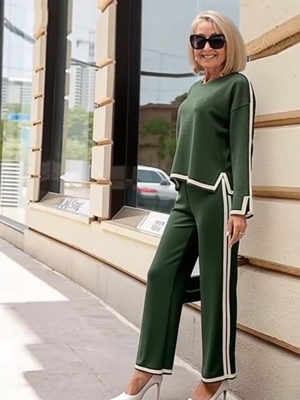 Contrasting Color Split-ended Long-sleeved Knitted Sweater High-waisted and Thin Wide-leg Pants and Trousers Two-piece Set