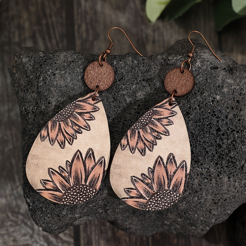 Unique Droplet Shape Wooden Dangle Earrings - Retro Bohemian Style, Sunflower Print, Trendy Female Ear Ornaments with Natural Wood Grain and Hypoallergenic Posts for Sensitive Skin - Perfect for Everyday Wear and Gift Giving