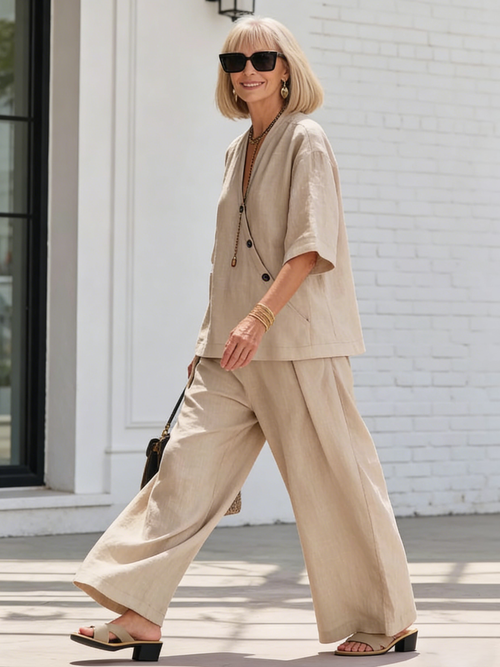 2Pcs Casual Solid Color V-neck Loose Short-sleeved Top High-waisted Trousers Two-piece Set