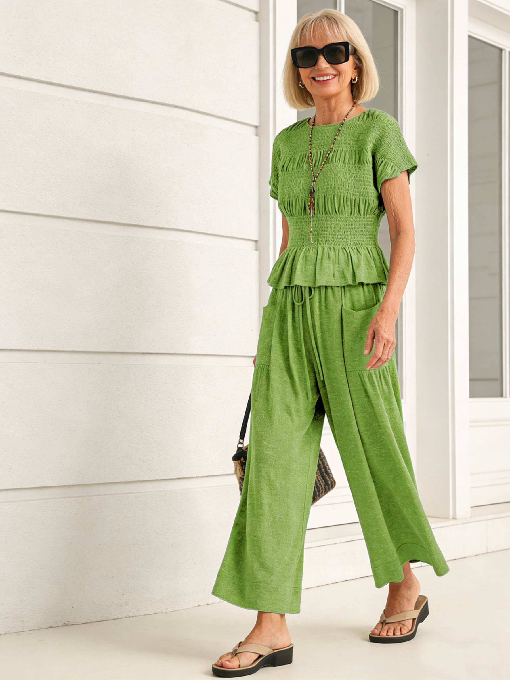 2pcs Cotton Harem Pants Mid-rise Casual Suit Resort Style