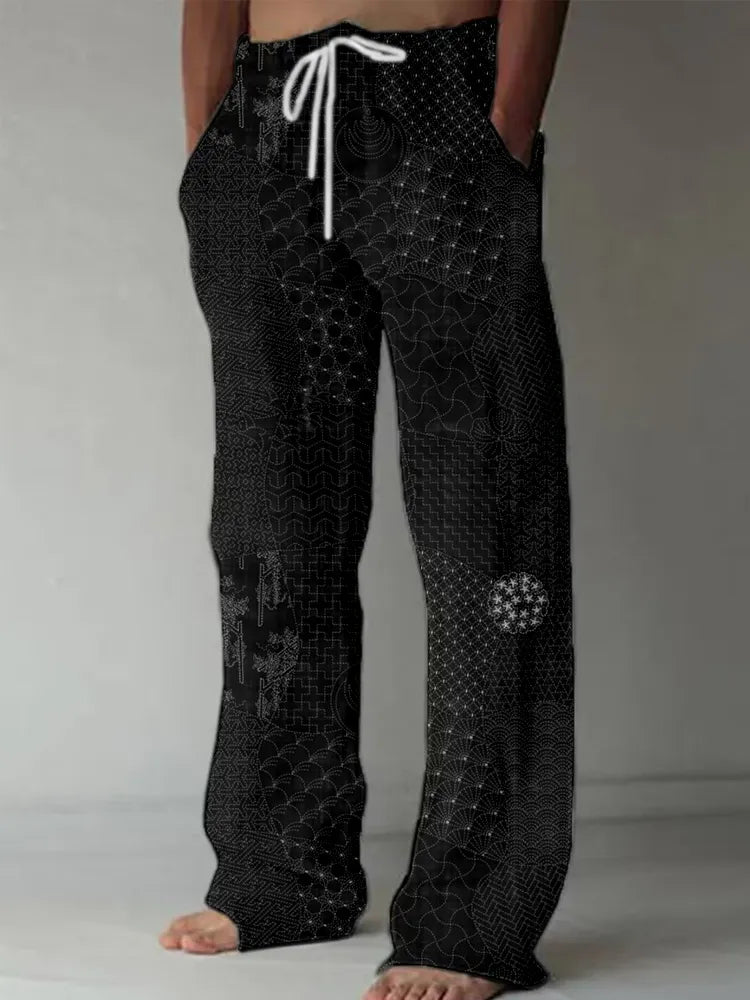 Men's Japanese Traditional Sashiko Art Linen Blend Casual Pants