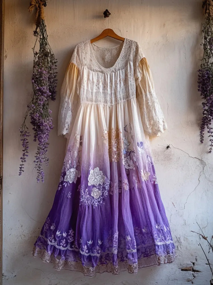 Vintage Boho Lavender Gradient Lace Art Linen V Neck Maxi Dress