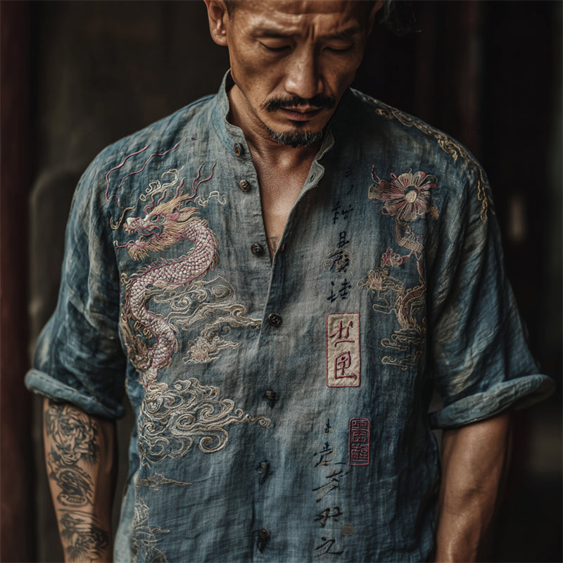 Men's Japanese Dragon Floral Calligraphy Linen Shirt