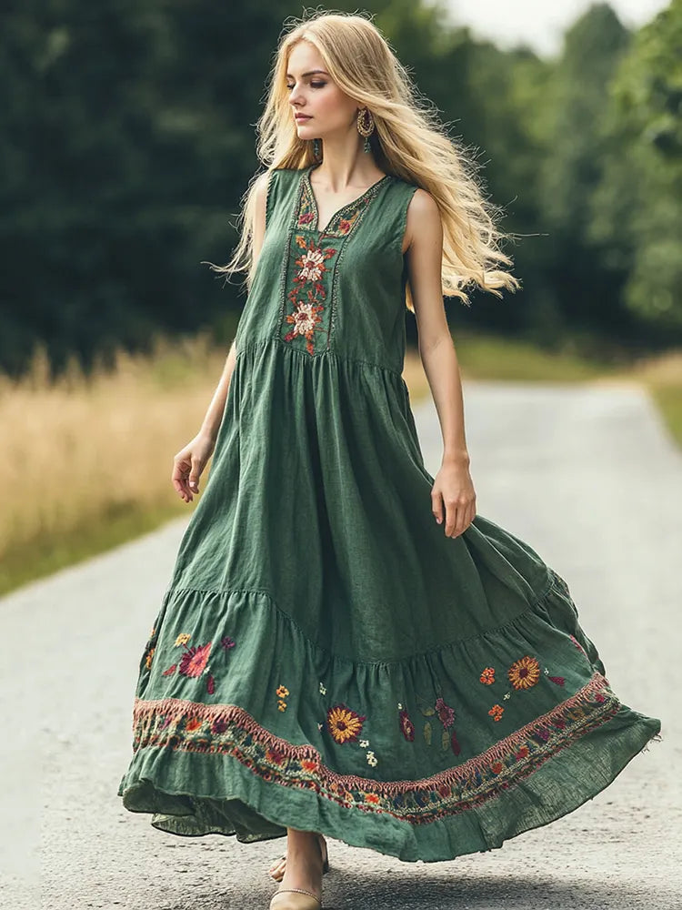 Retro Bohemian Floral Embroidery Art Sleeveless Linen Maxi Dress
