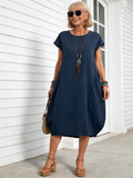 Cotton and Linen Loose Casual Solid Color Dress