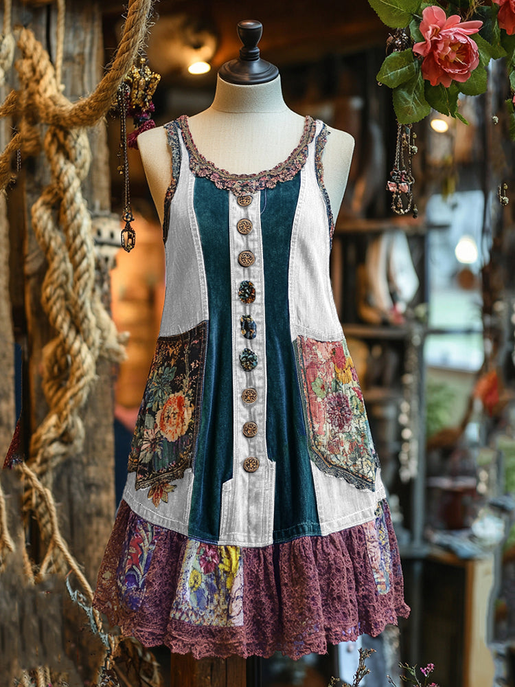 Vintage Denim Patchwork Lace Art Sleeveless Dress