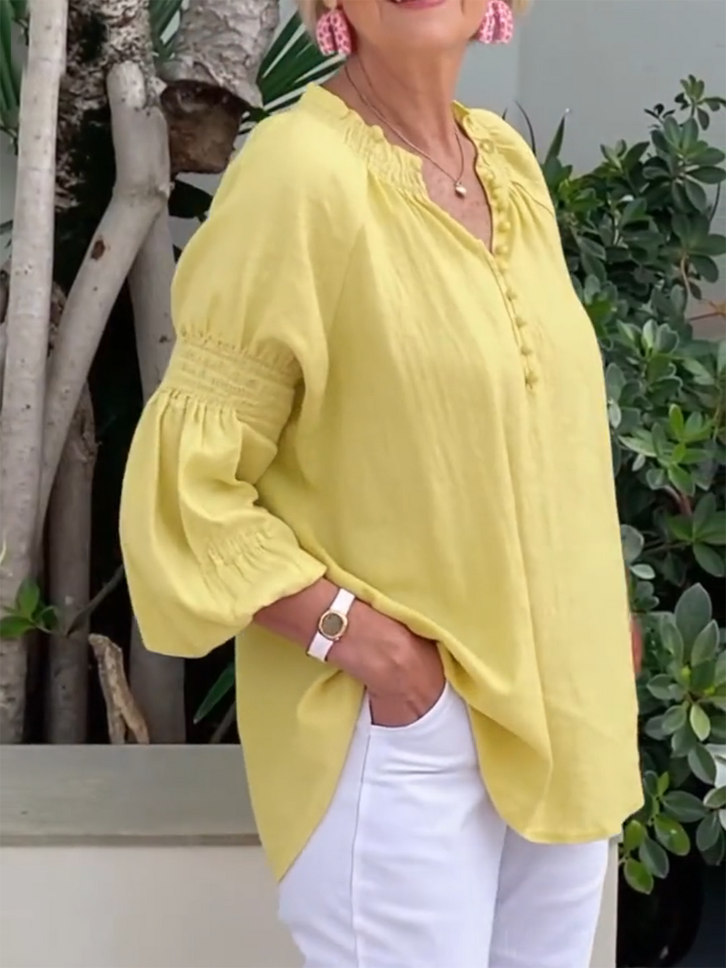 Casual V-neck Solid Color Cotton and Linen Long-sleeved Top