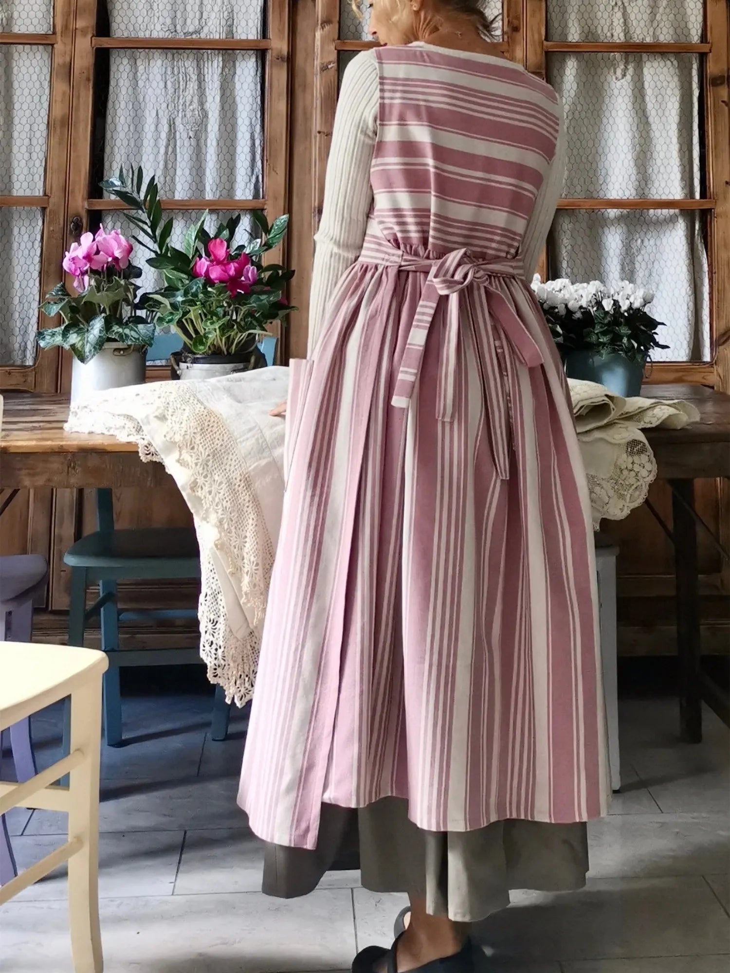 Pink and Cream Striped Cotton Apron