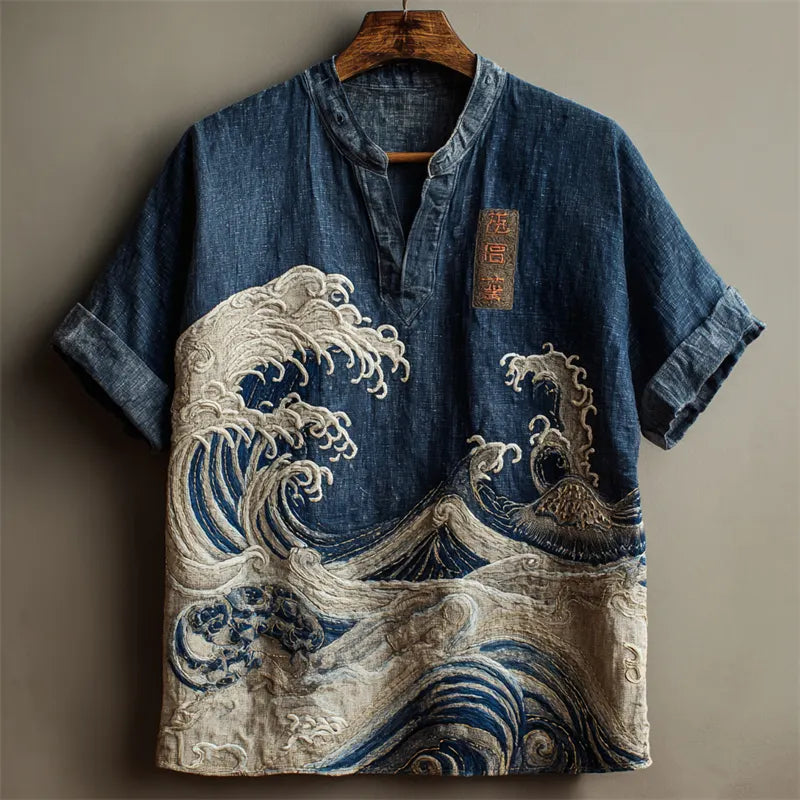Japanese Great Sea Wave Denim Washed Linen Shirt
