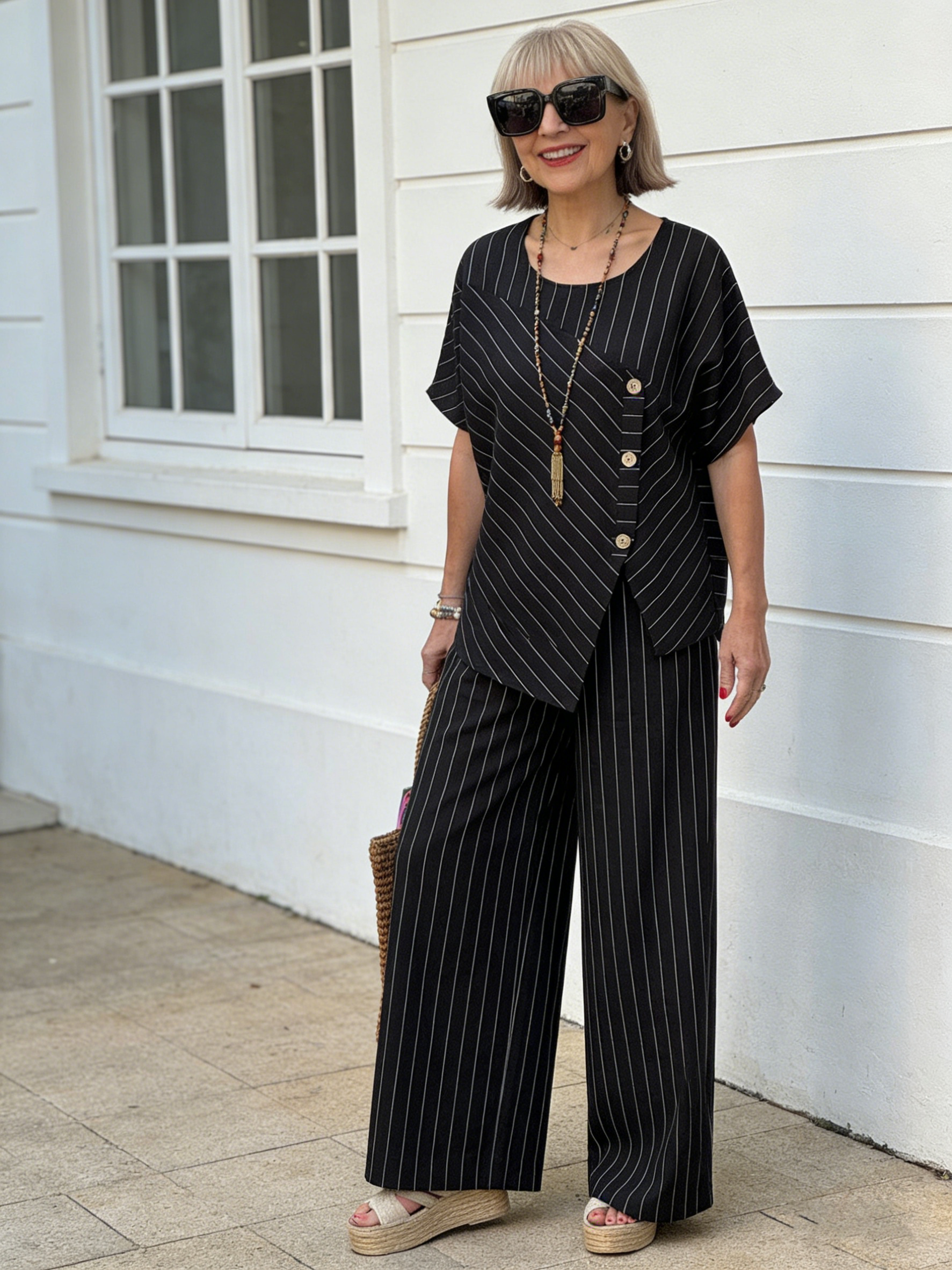2Pcs Striped Short-sleeved Trousers Shirt Loose Pants Two-piece Set