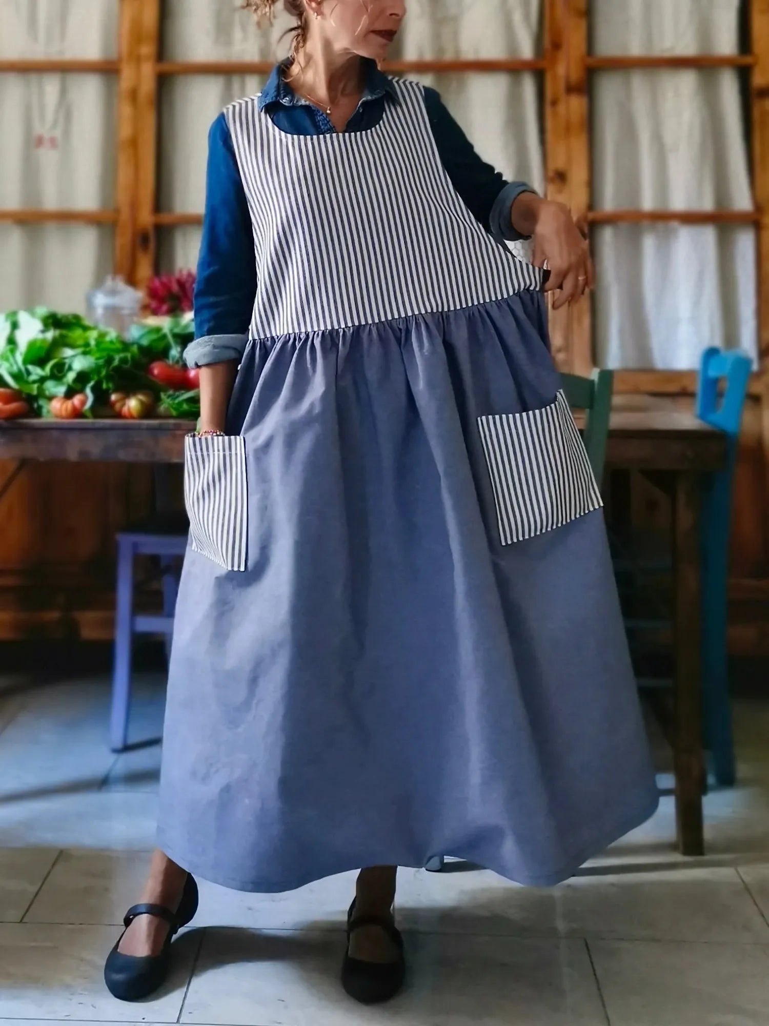 Blue/Striped Cotton Patchwork Apron
