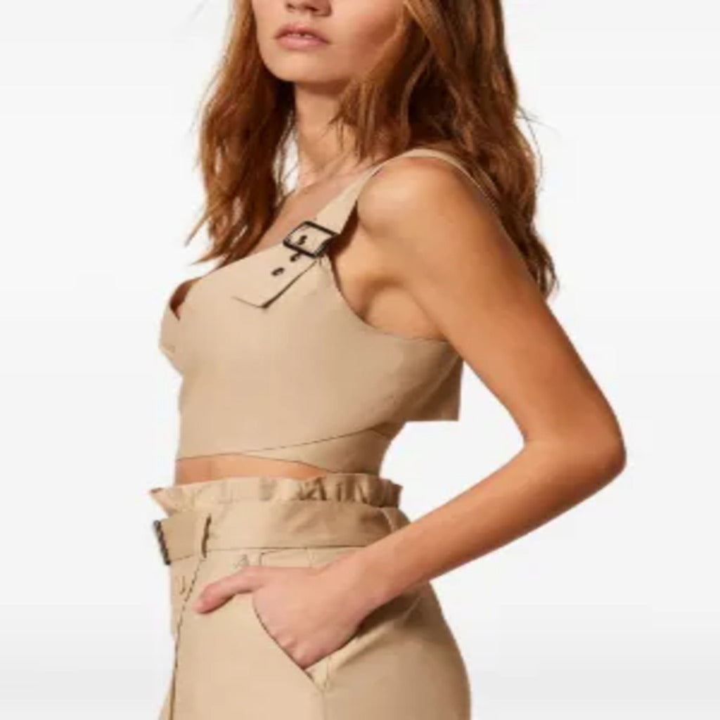Top crop beige stile trench con fibbie