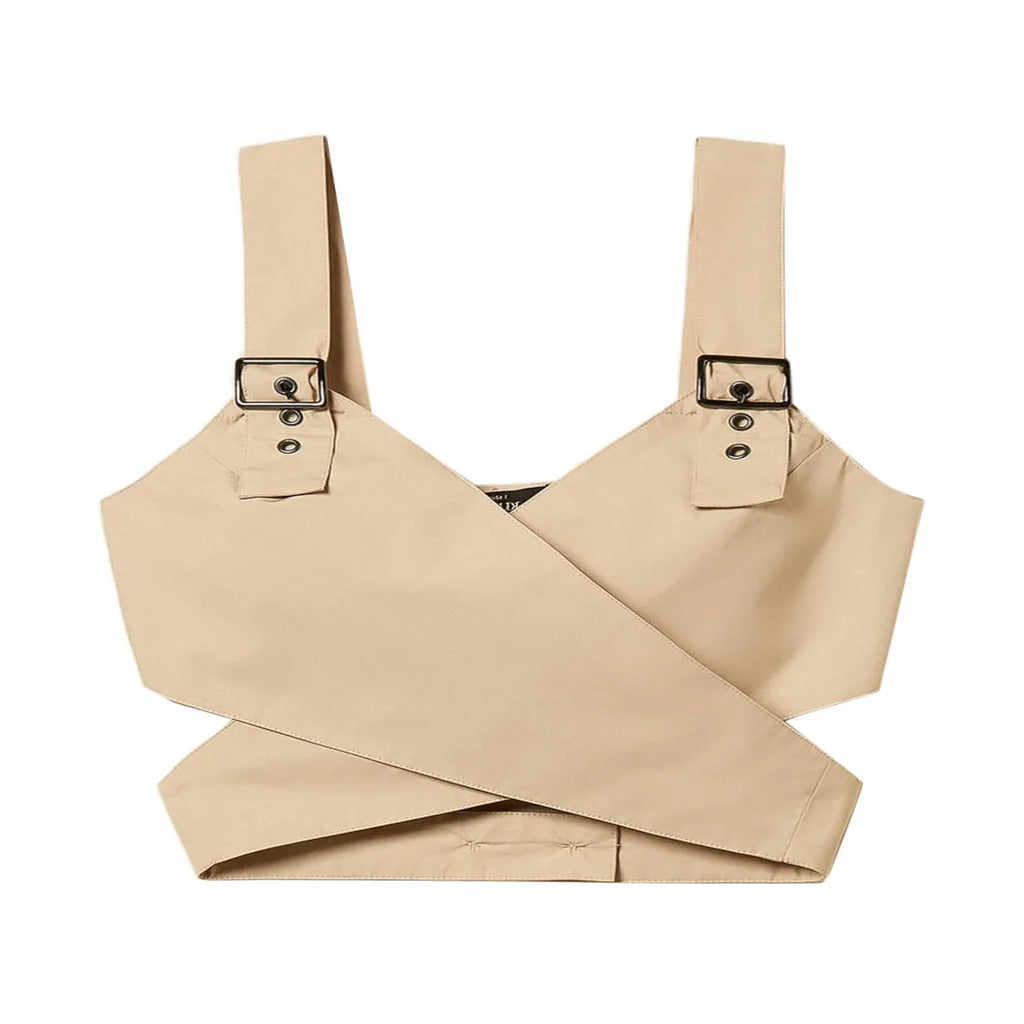 Top crop beige stile trench con fibbie