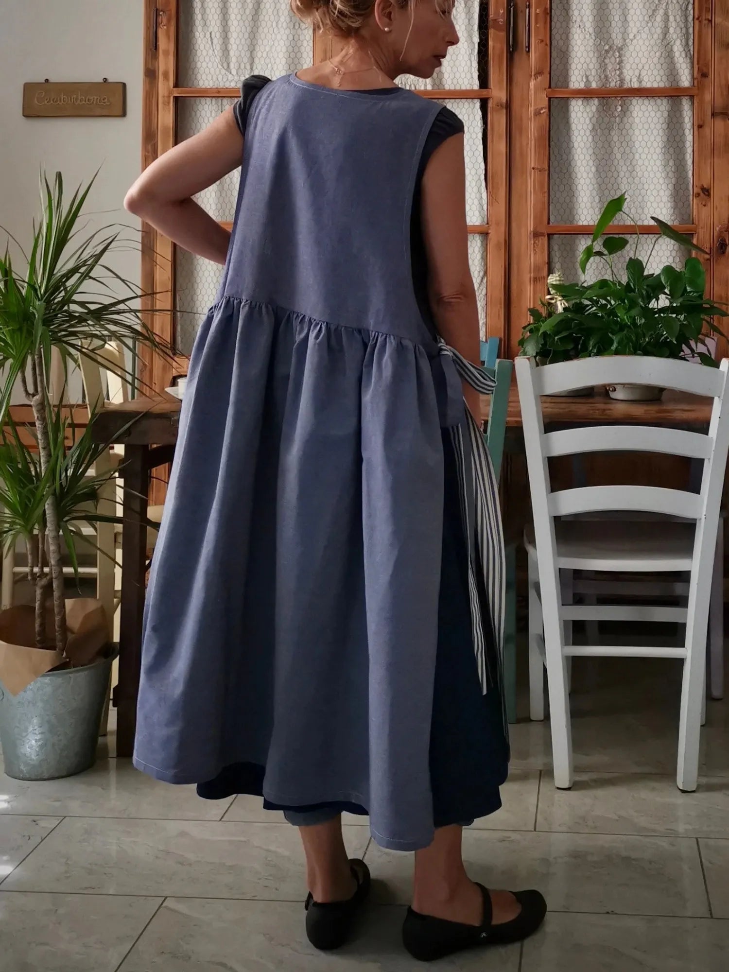 Blue Striped Patchwork Cotton Kitchen Apron