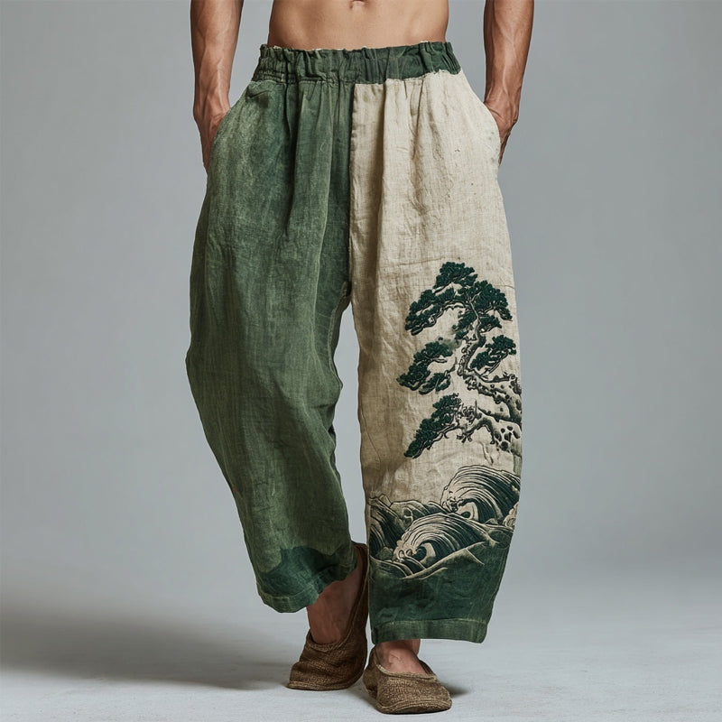 Men's Japanese Waves & Pine Embroidered Contrast Color Linen Pants