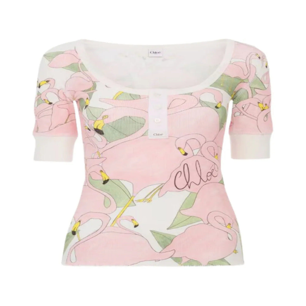 🌸 Top Chloe a costine con stampa di fenicotteri rosa
