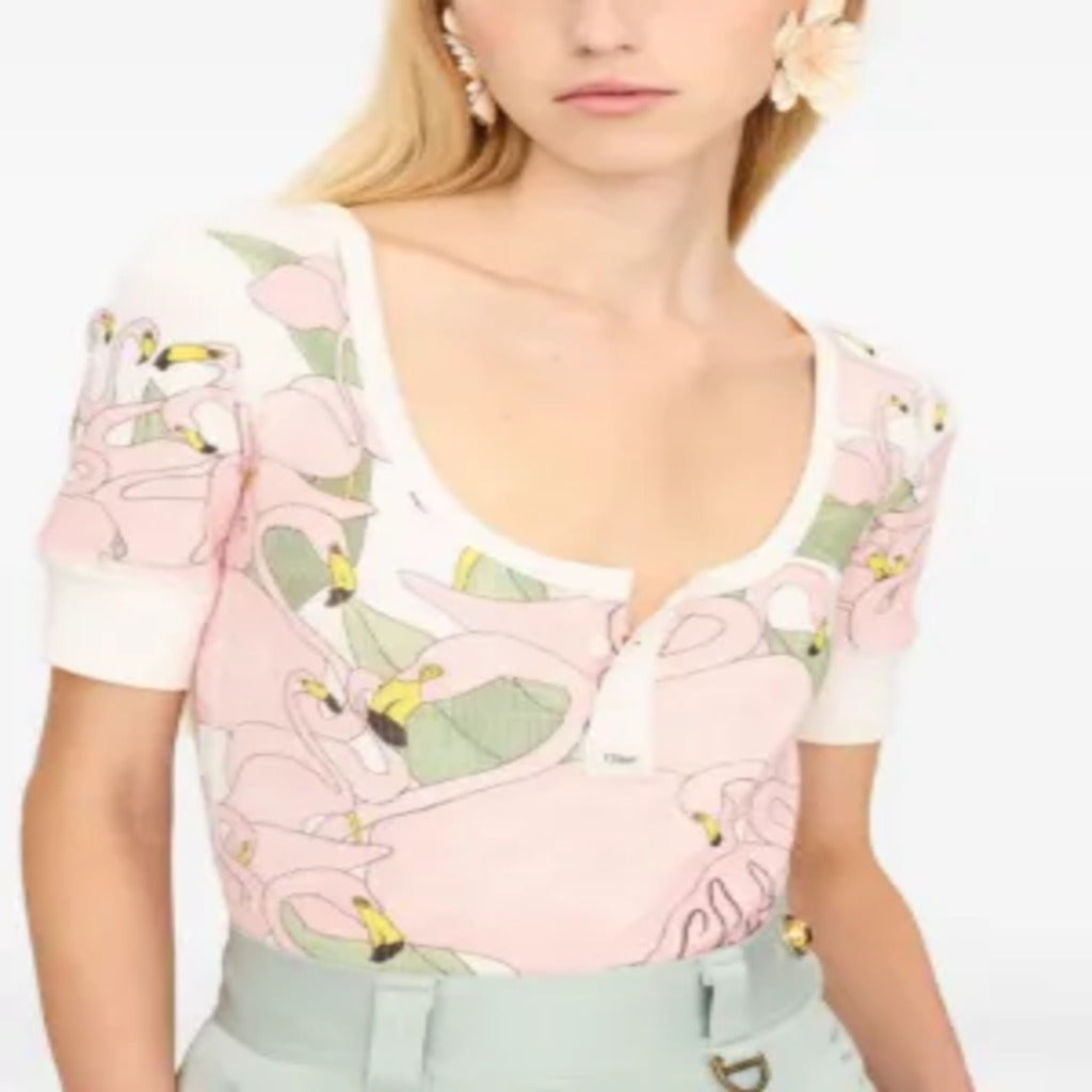 🌸 Top Chloe a costine con stampa di fenicotteri rosa