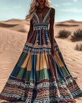 Women's Boho Geometry Art Color Block Sleeveless Maxi Dress
