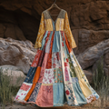 Women's Vintage Bohemian Patch Cotton And Linen Long Sleeve Dress