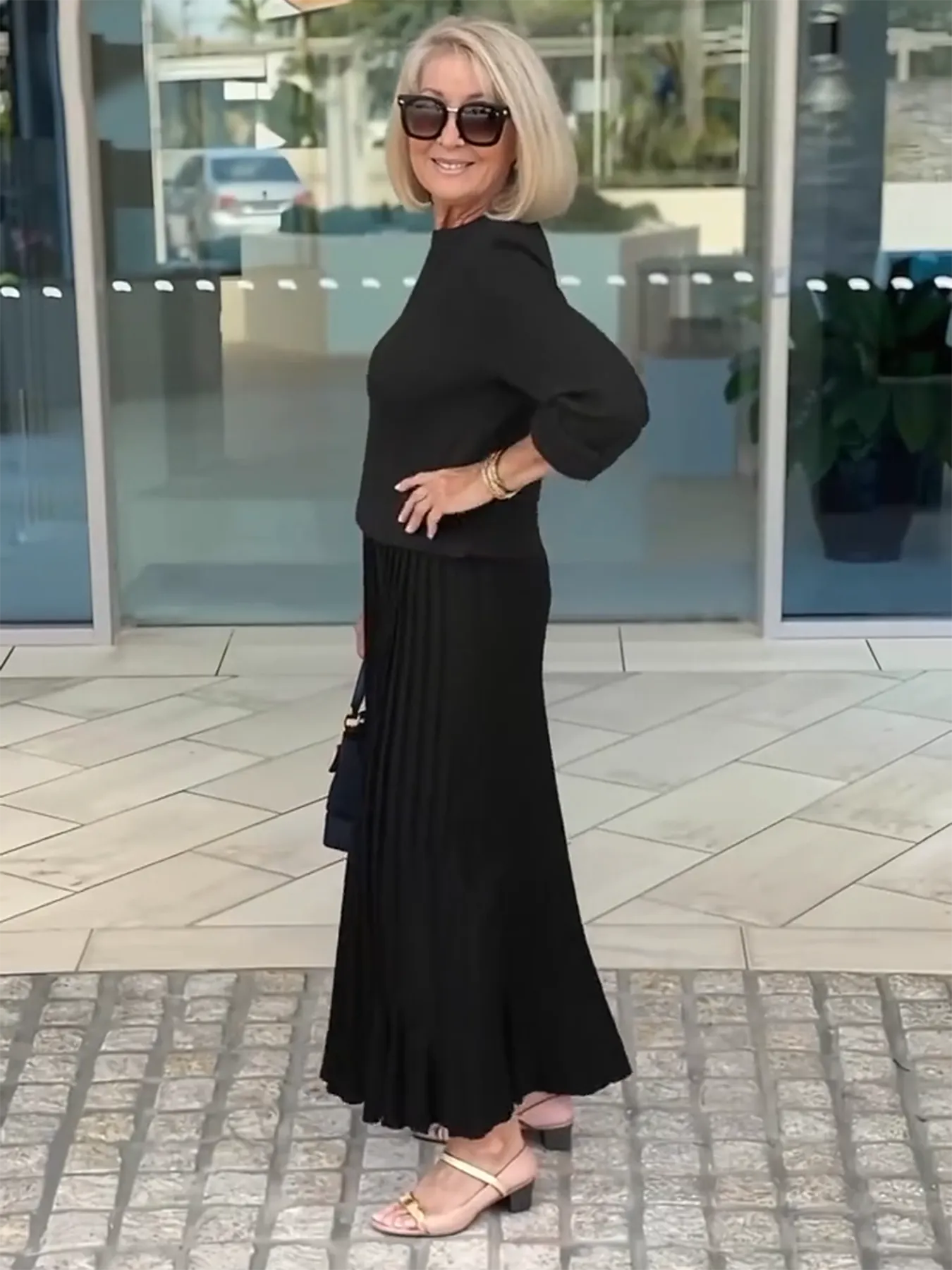 Knitted Long-sleeved Splicing Pleated Dress