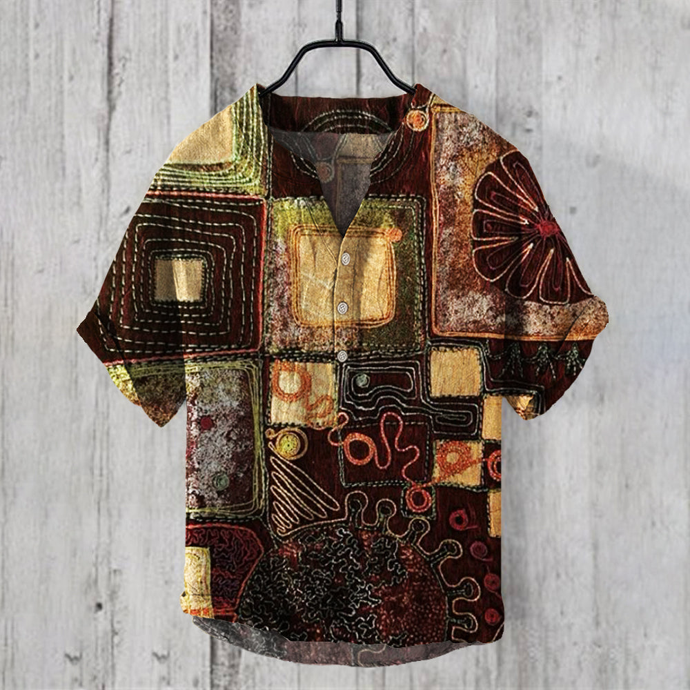 Vintage Patchwork Fabric Embroidered Art Men's Linen V-neck Shirt