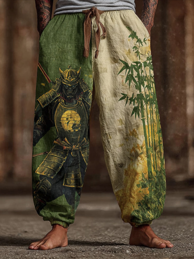 Men's Bamboo Forest And Armored Cat Print Art Linen-cotton Blend Casual Pants