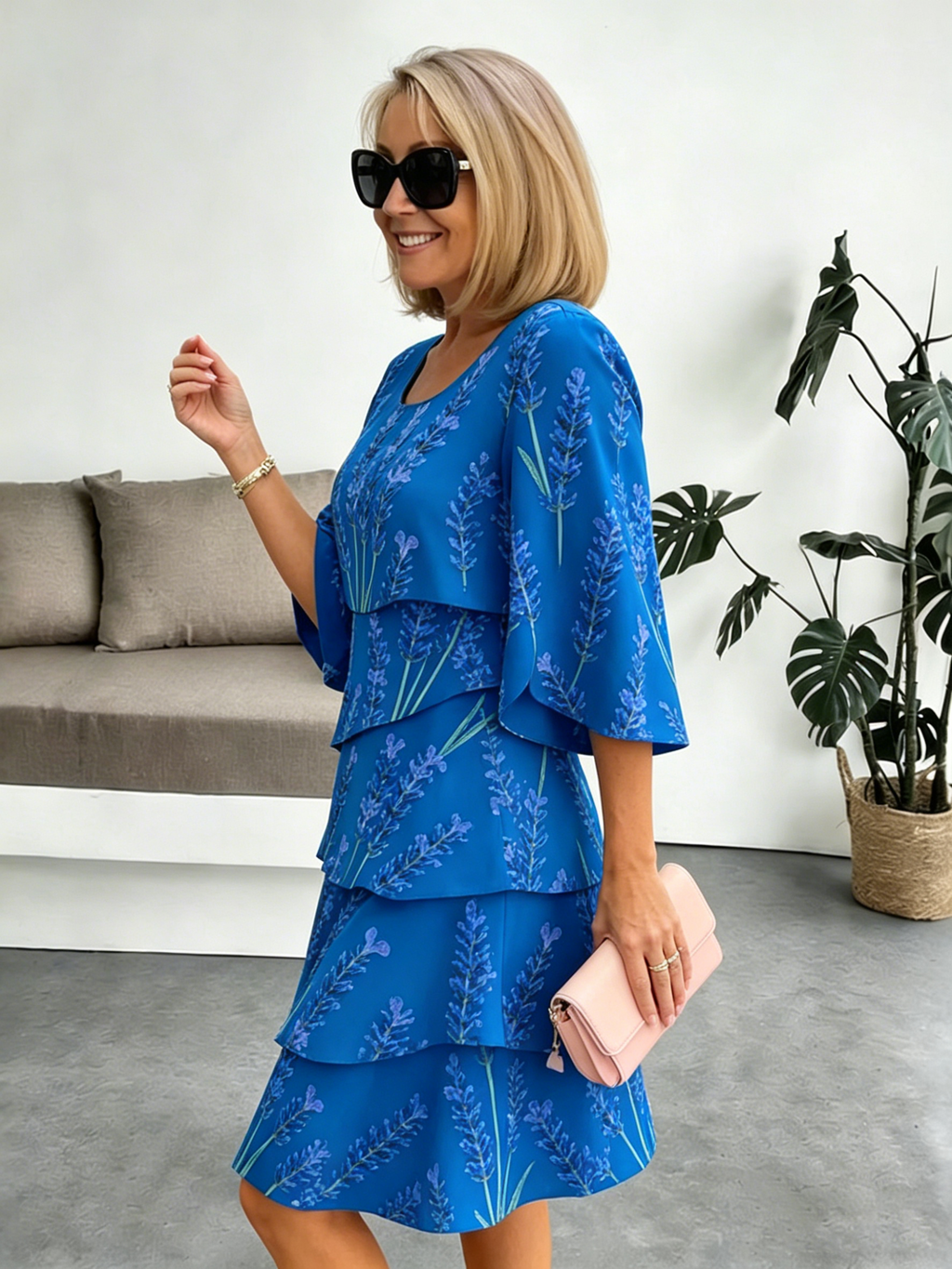 Lavender Chiffon Vacation Prints Color Round Neck Cake Skirt Splicing Dress Mid-length