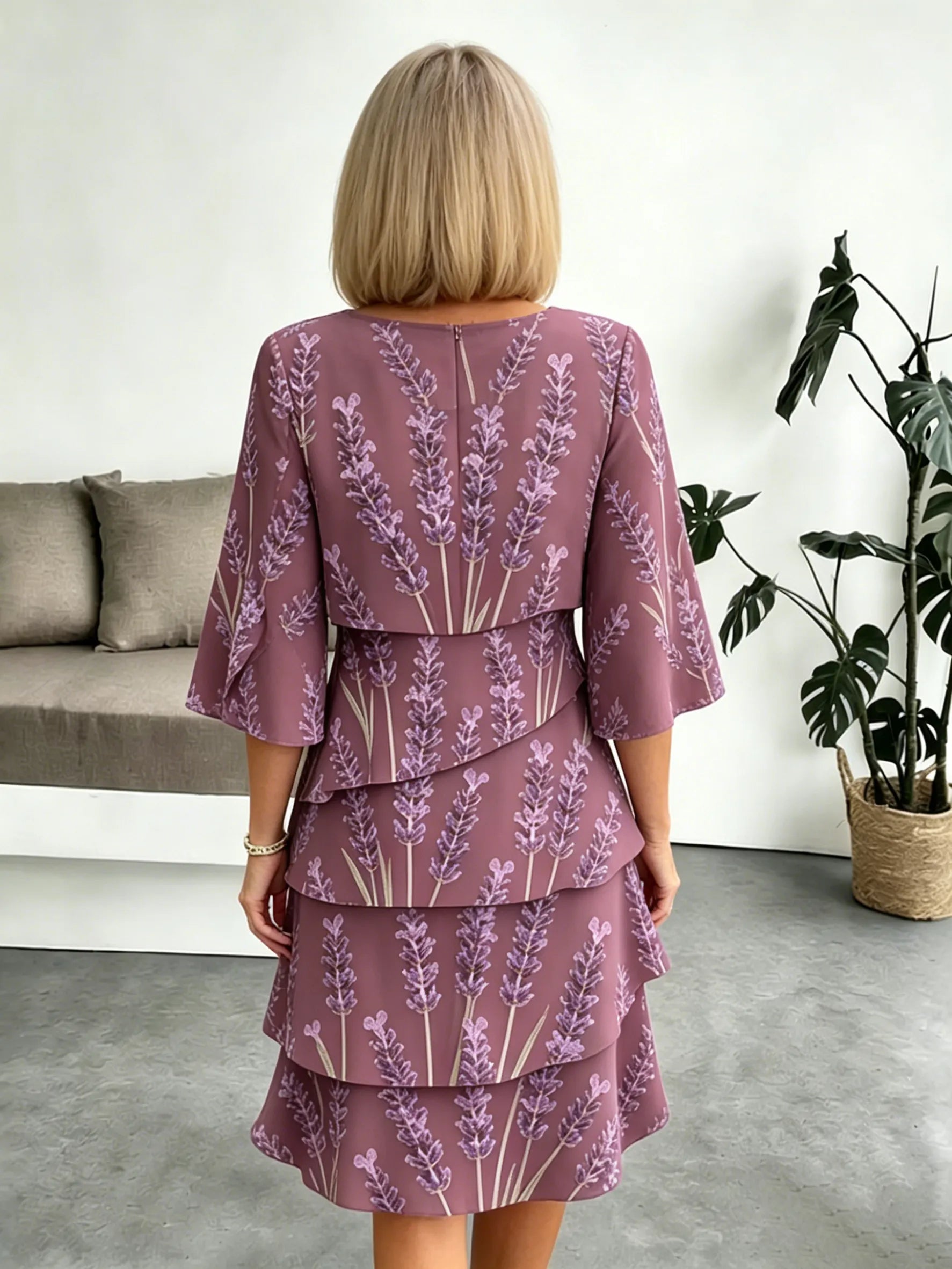 Lavender Chiffon Vacation Prints Color Round Neck Cake Skirt Splicing Dress Mid-length