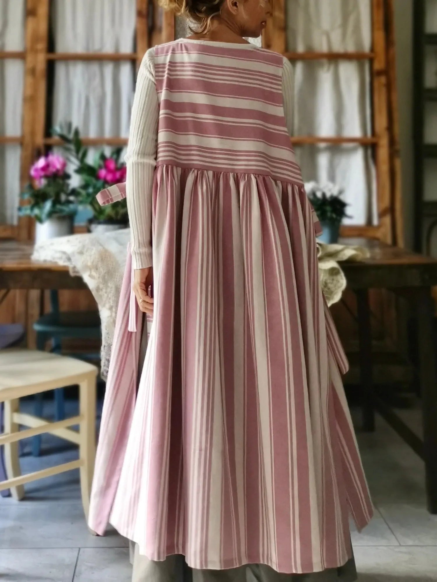 Pink and Cream Striped Cotton Apron