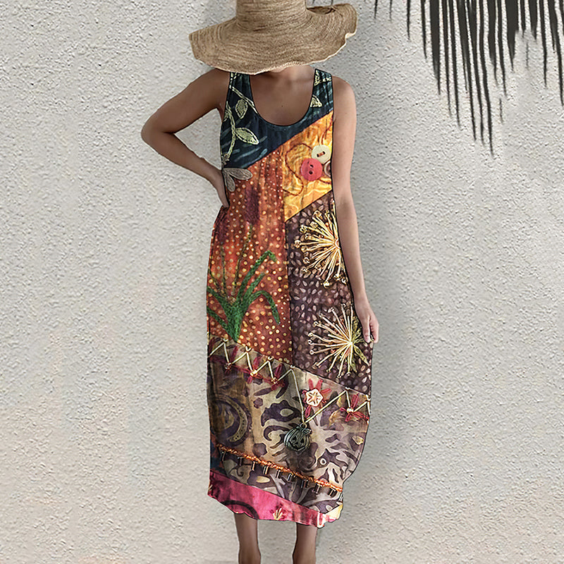 Vintage Bohemian Geometric Art Linen Blend Dress