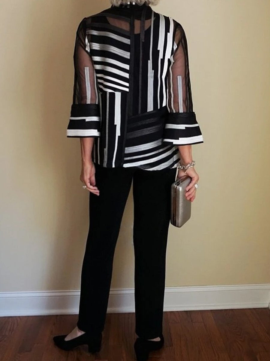 2Pcs Chiffon Stripes Shirt and Pants Set