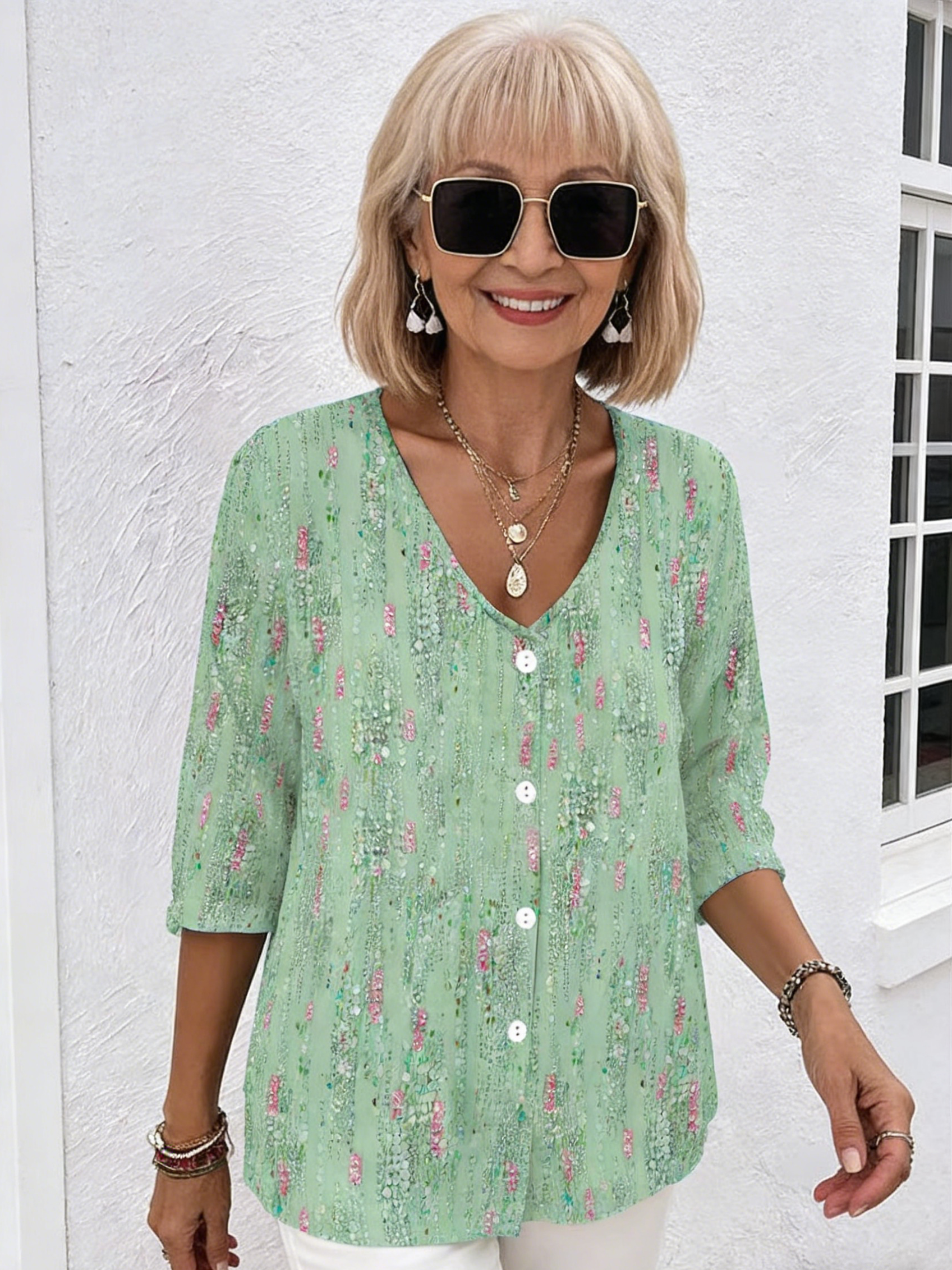 V-neck Buttons Printed Long Sleeve Tunic Tops