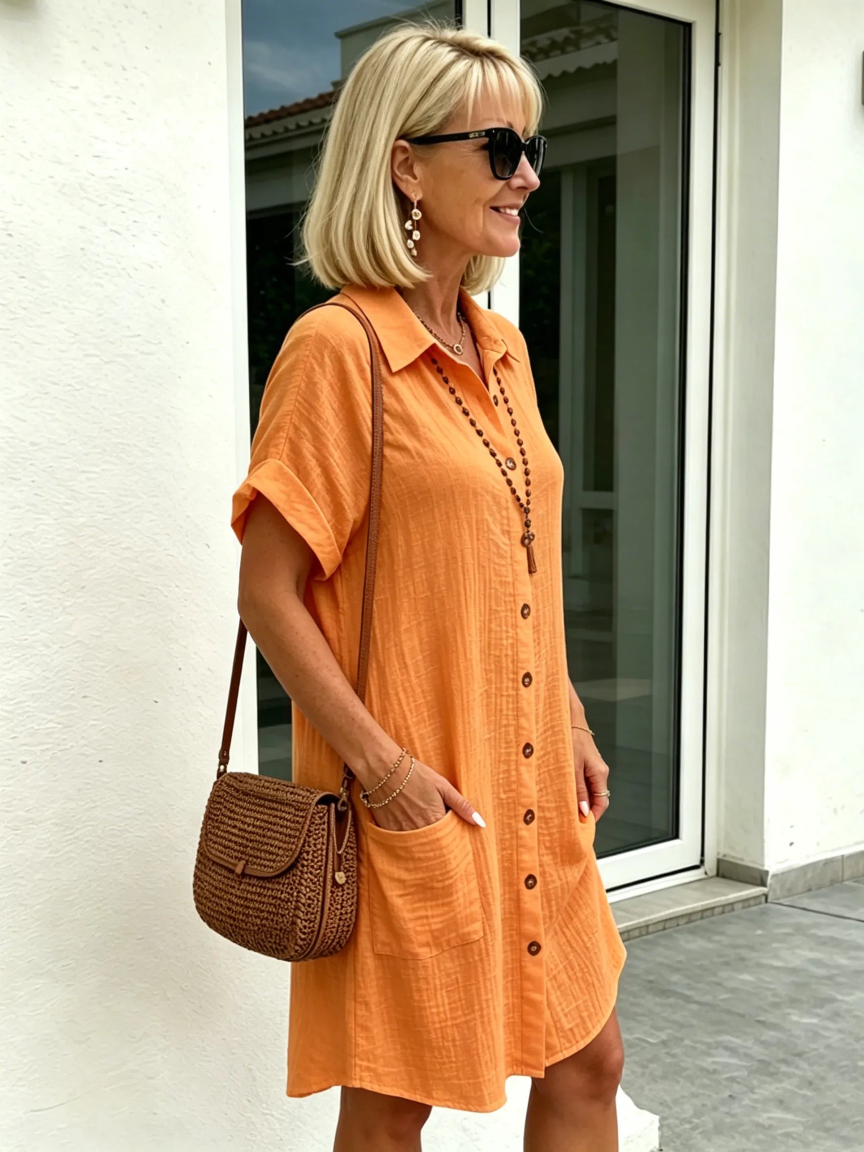 Solid Color Shirt Dress Simple, Made of Breathable, Featuring a Lapel Collar and Orderly Button Arrangement That Adds a Vintage Charm