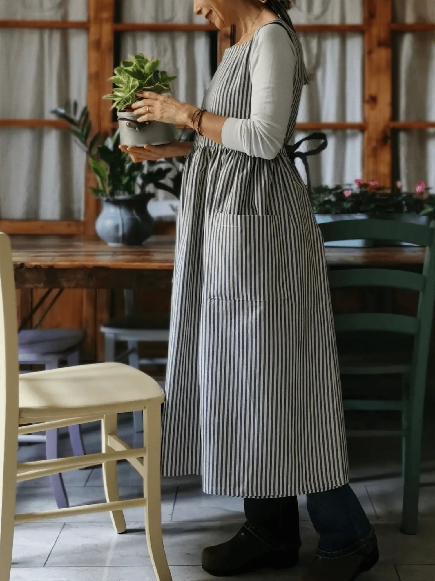 Kitchen Apron for Women in Blue Striped Cotton