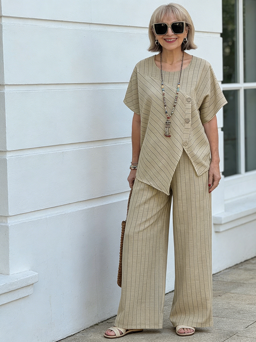 2Pcs Striped Short-sleeved Trousers Shirt Loose Pants Two-piece Set