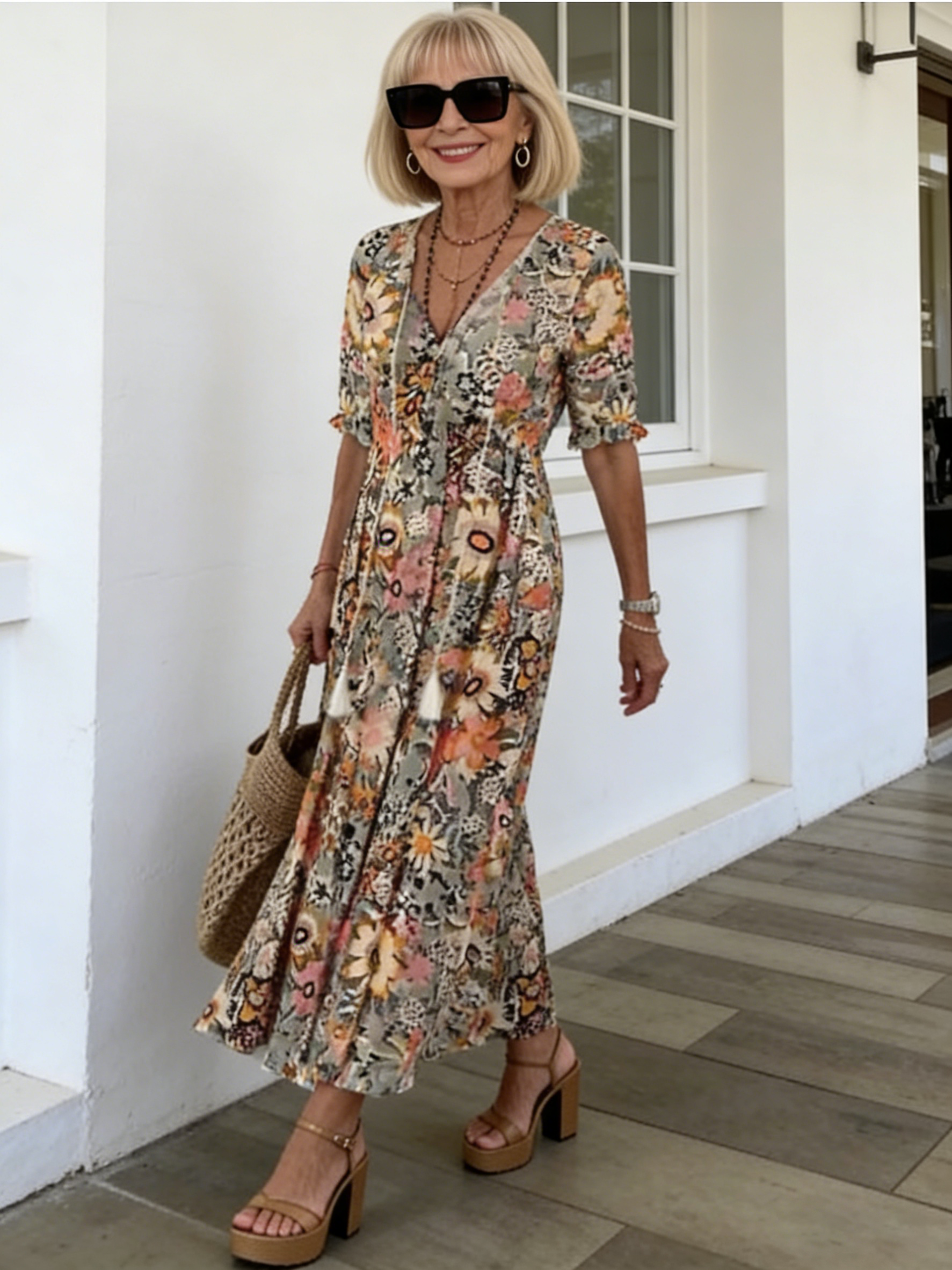 Half Sleeve Floral Print Summer Fall V Neck Casual Geometric Printed Dress