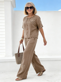 2Pcs Cotton and Linen Embroidered Casual Suit High Waist Loose Trousers