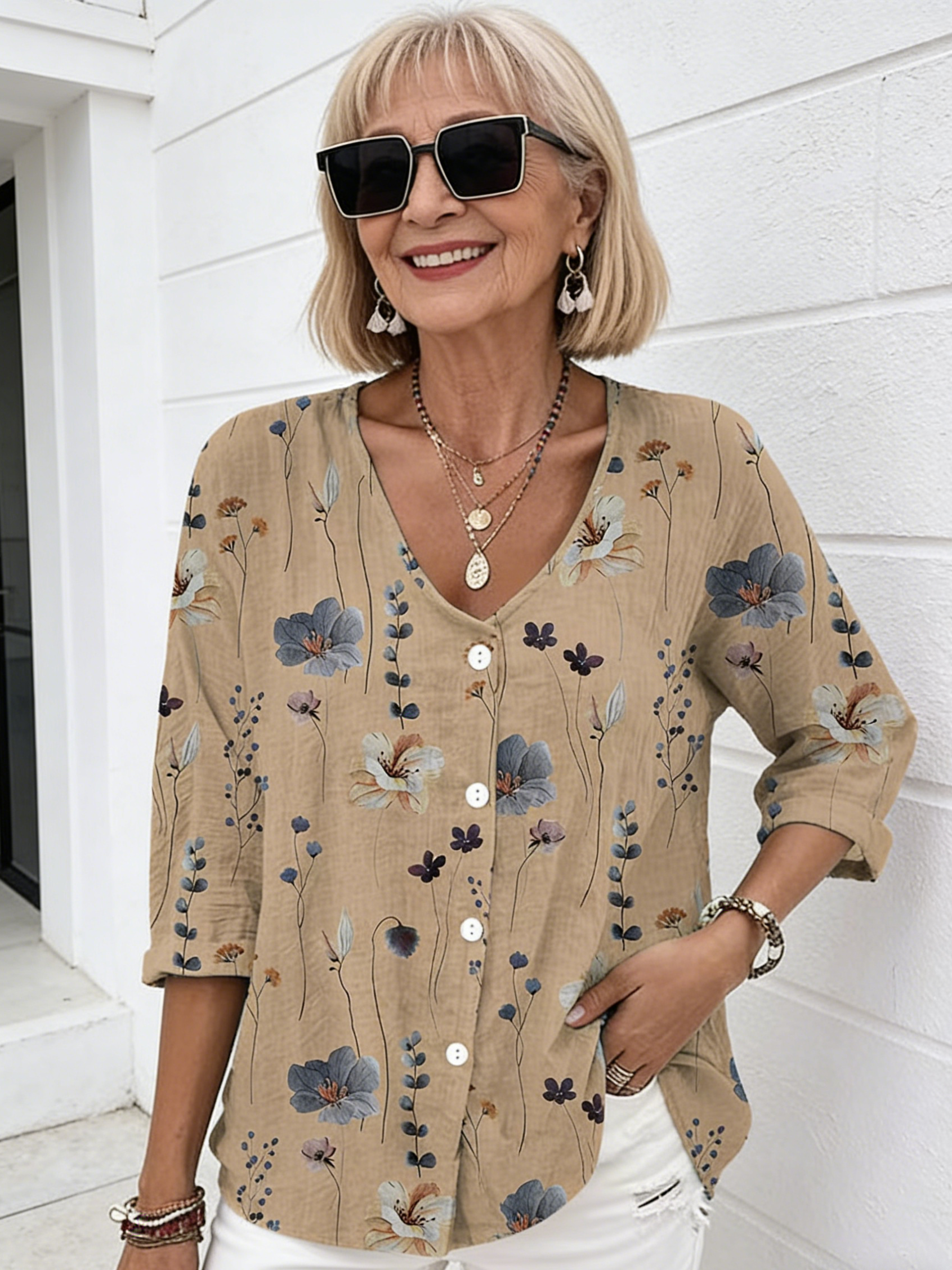 V-neck Buttons Printed Long Sleeve Tunic Tops