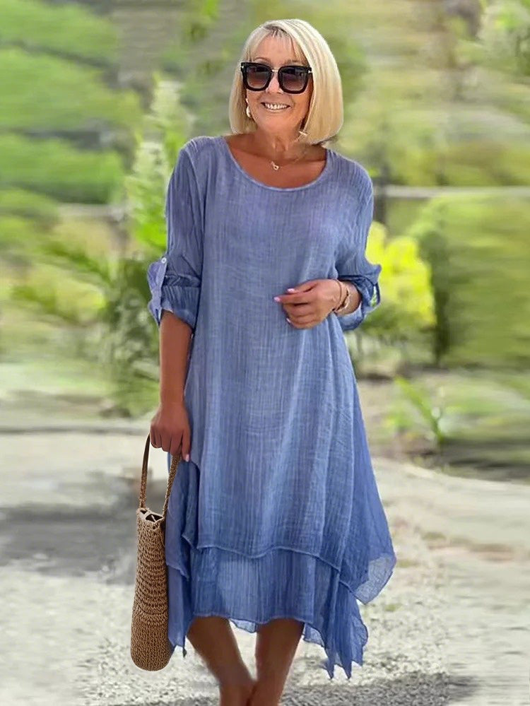 Casual Round Neck Long sleeved Double layered Elegant Solid Color Dress