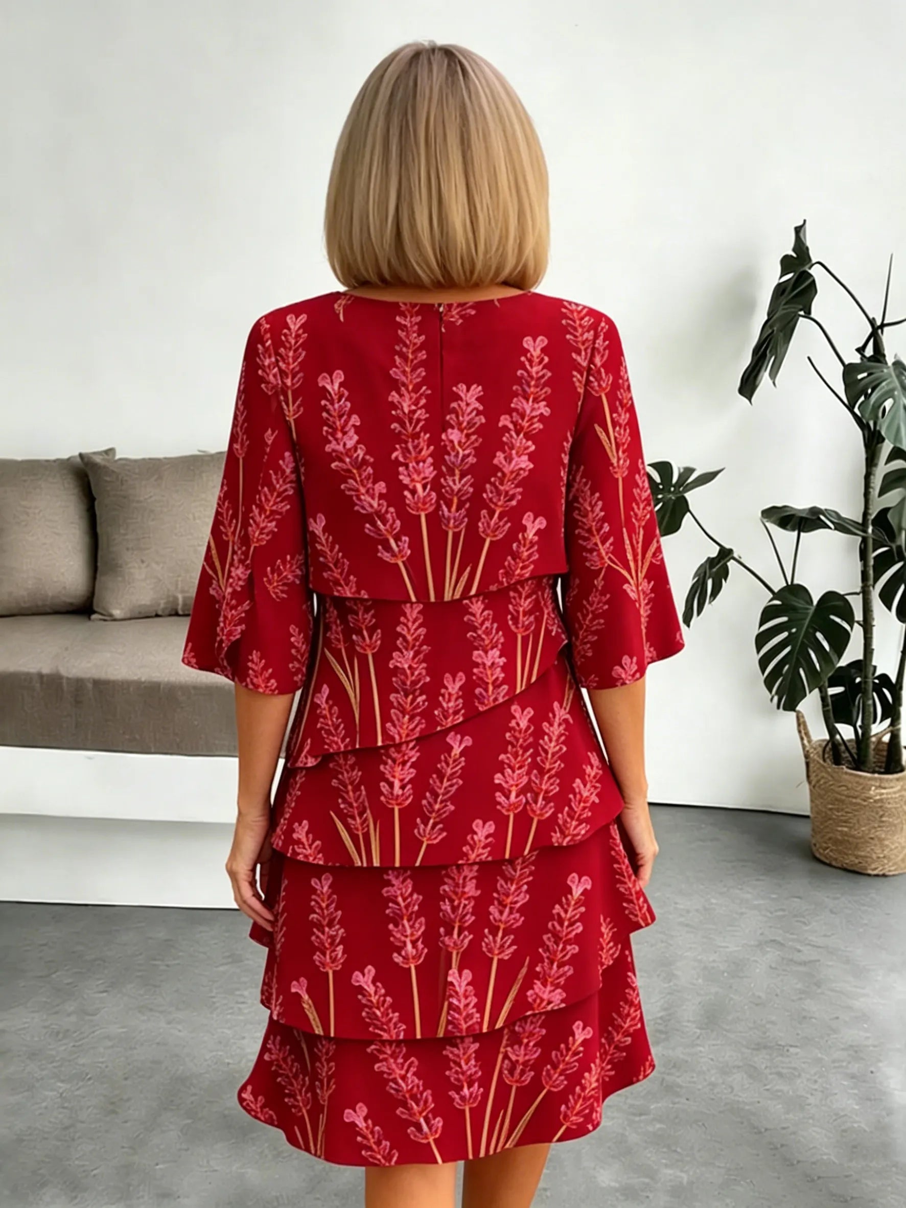 Lavender Chiffon Vacation Prints Color Round Neck Cake Skirt Splicing Dress Mid-length