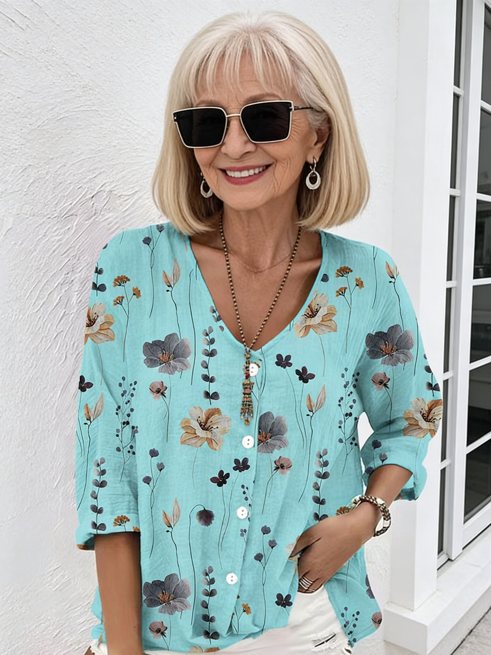 V-neck Buttons Printed Long Sleeve Tunic Tops