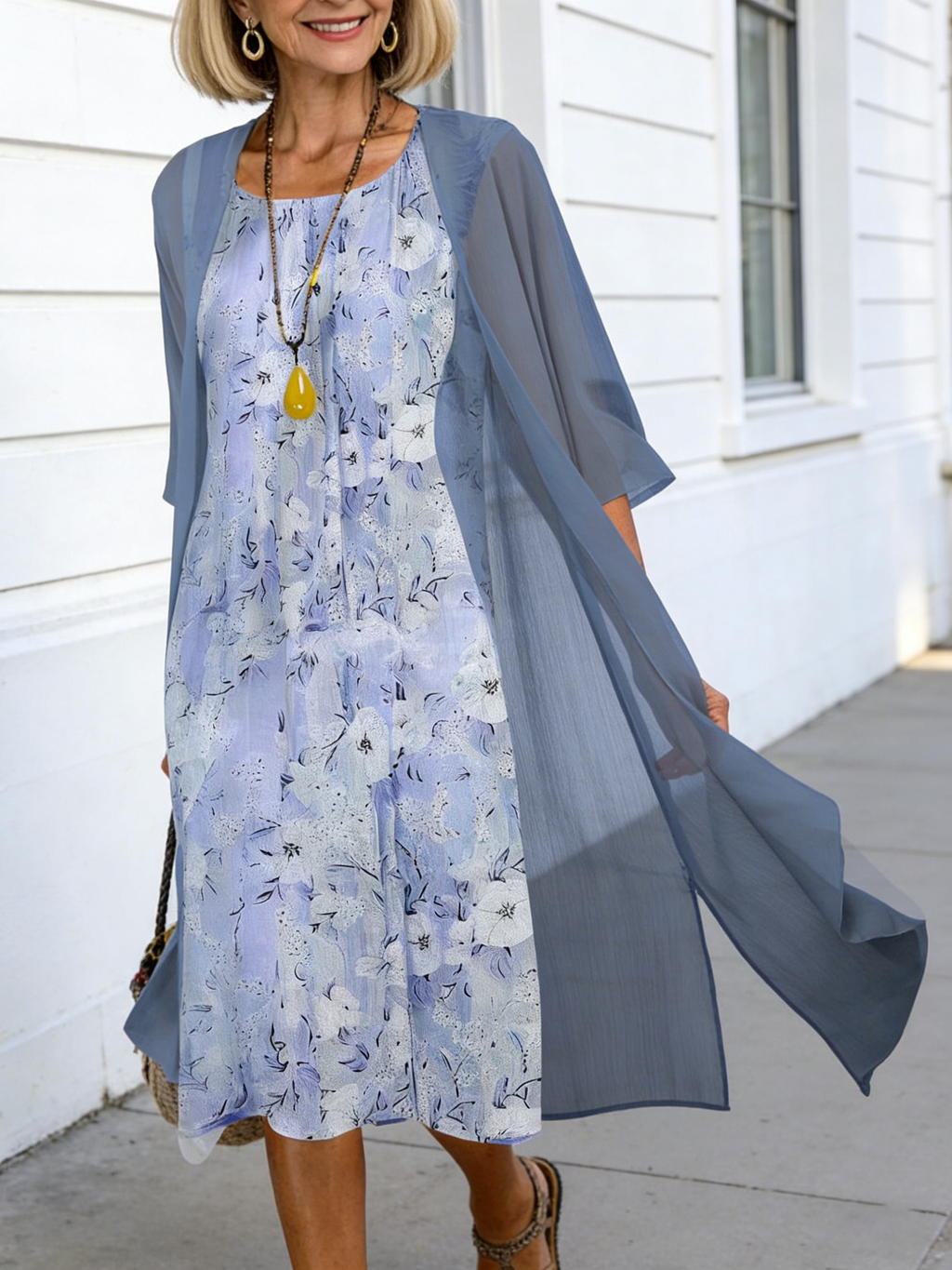 2Pcs Casual Printed Chiffon Dress Two-piece Set