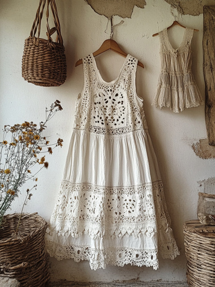 Vintage Lace Linen Blend Midi Dress